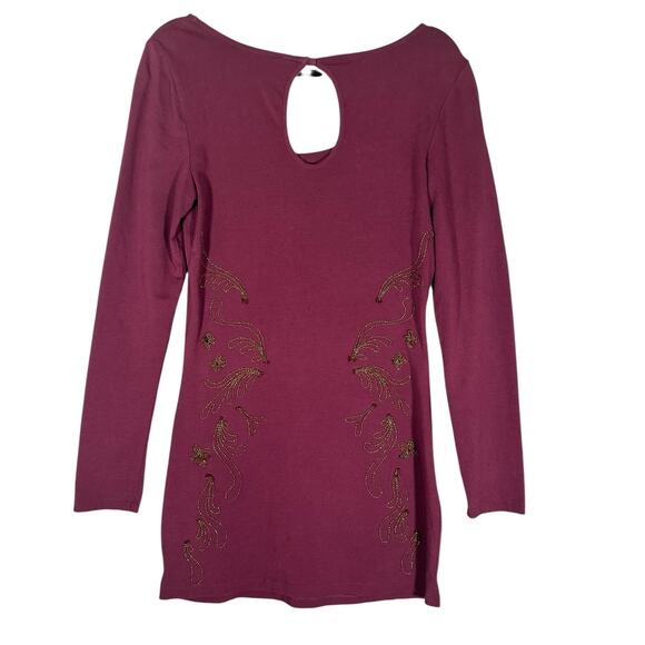 Free People Lady In Waiting‎ Bodycon Dress Sz L Wine Long Sleeve Beaded Gold - Picture 9 of 11
